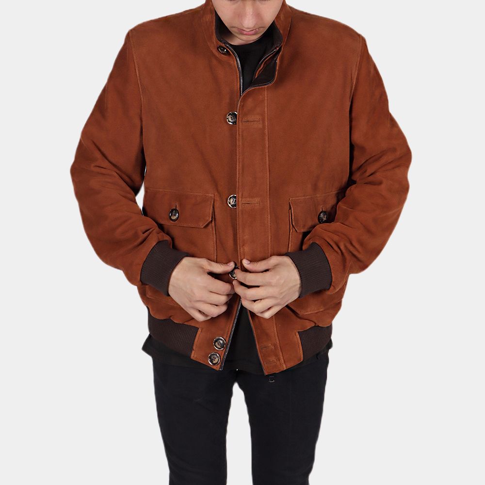 Borat Brown Bomber Suede Leather Jacket - Front View