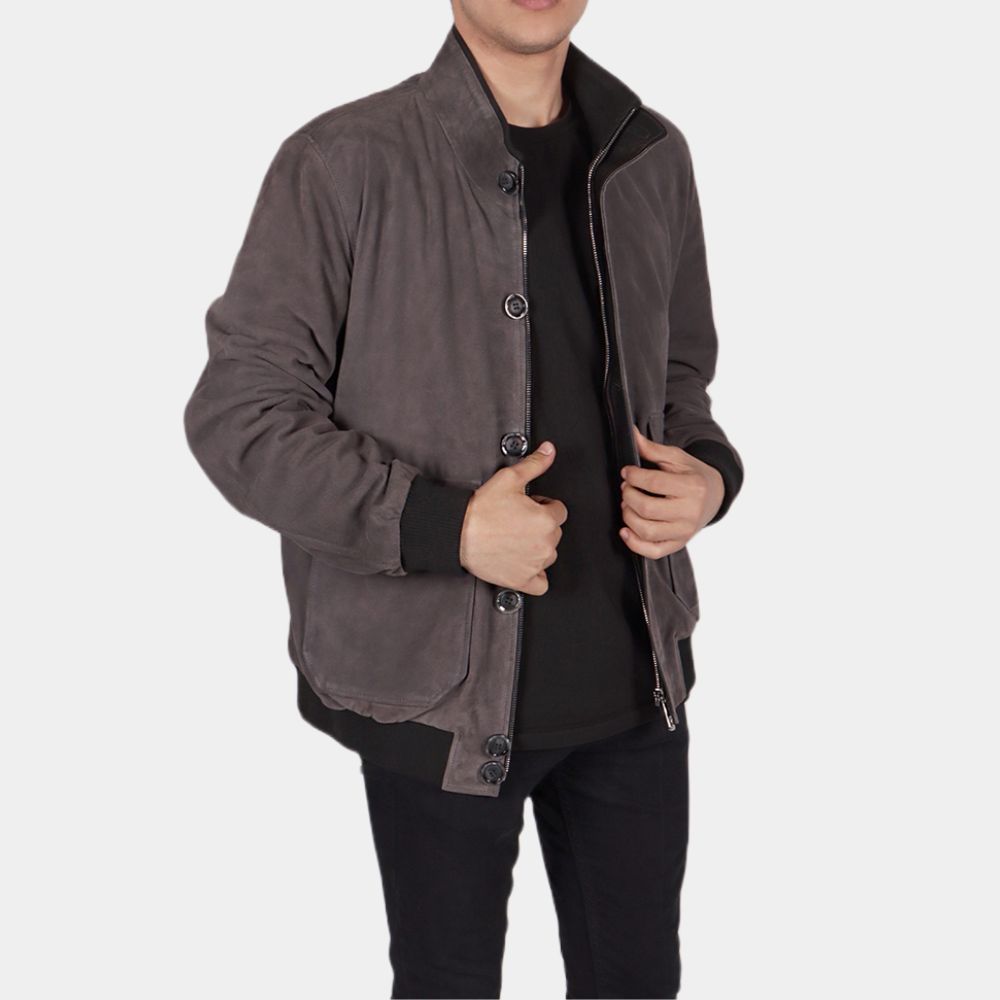 Men's Batisto Grey Suede Bomber Leather Jacket - Front View