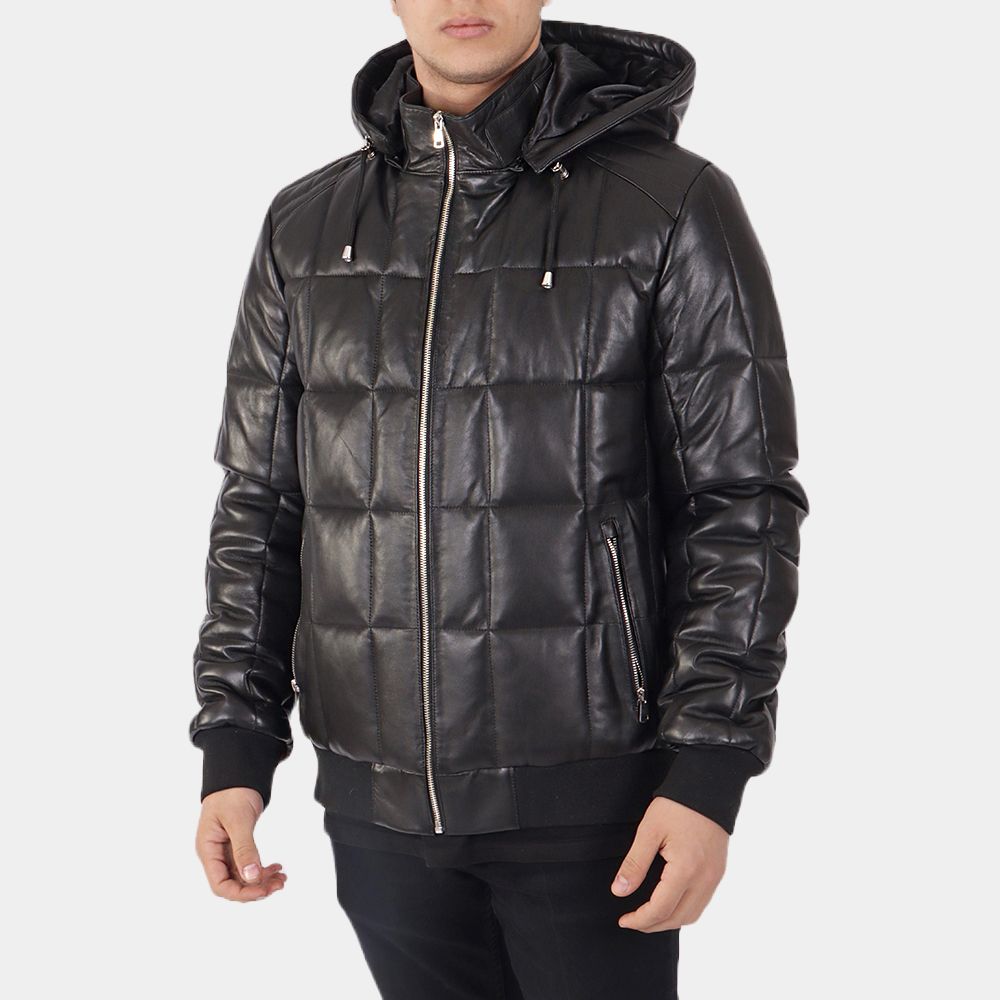 Men's Baxdor Black Leather Puffer Jacket - Front View