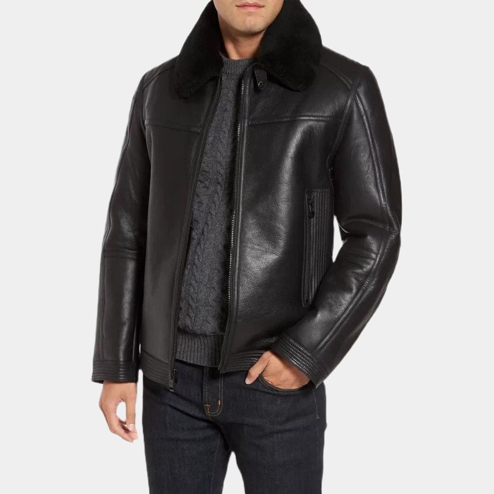Men's Baxter Shearling Collar Aviator Black Leather Jacket - Front View