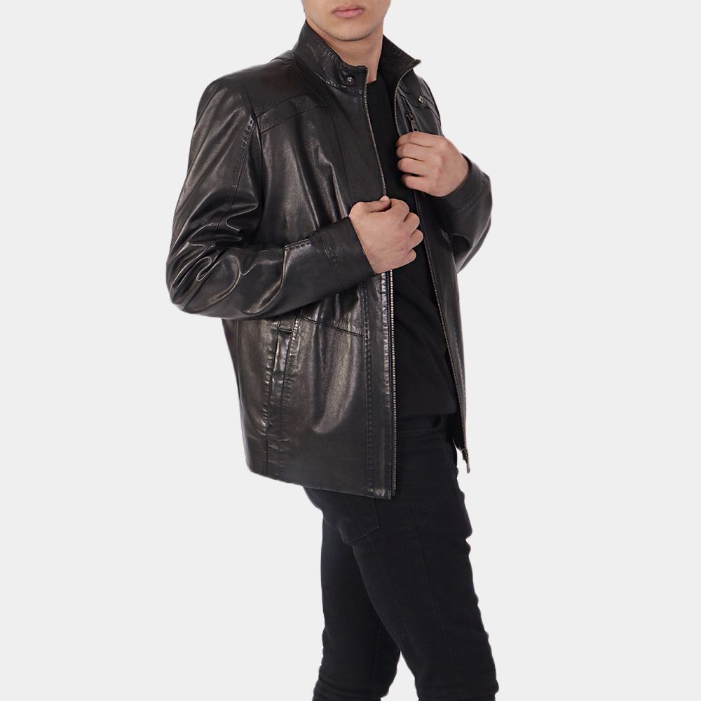 Men's Bazzaro Black Leather Biker Jacket - Front View