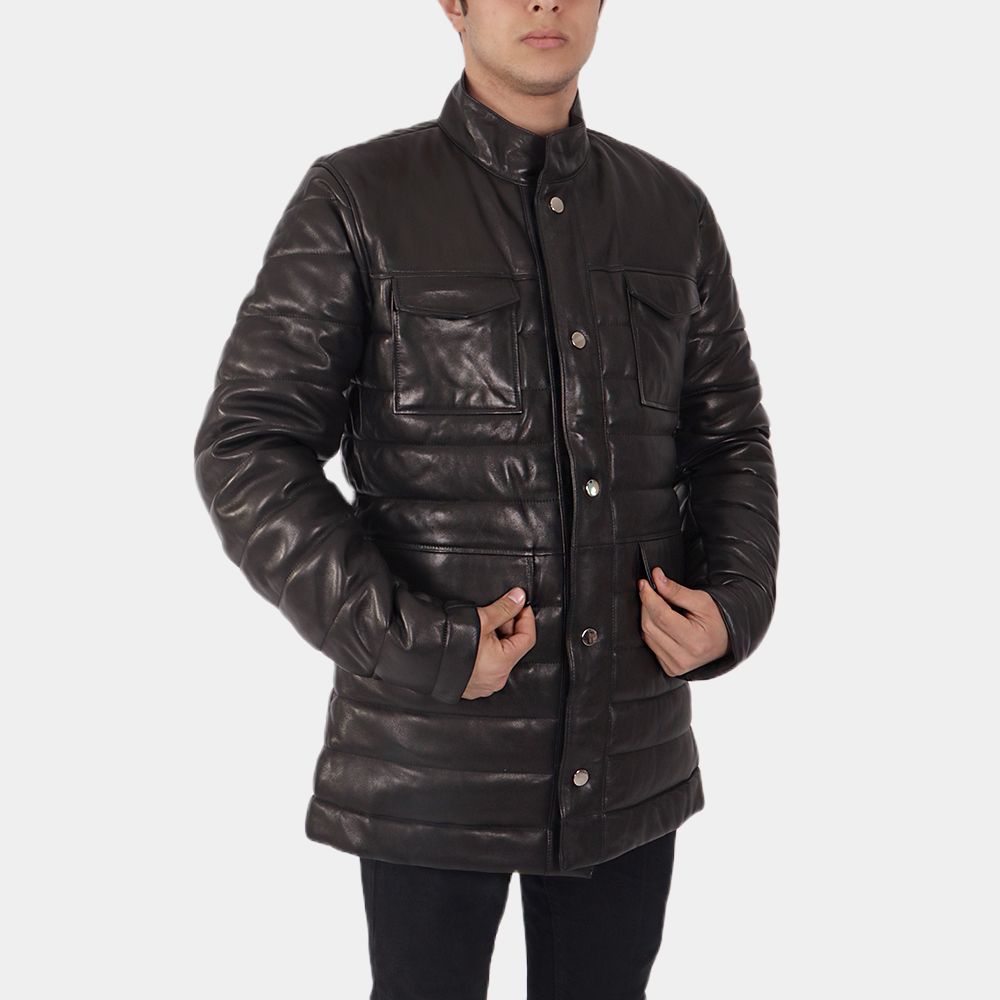 Men's Benedict Black Leather Puffer Jacket - Front View