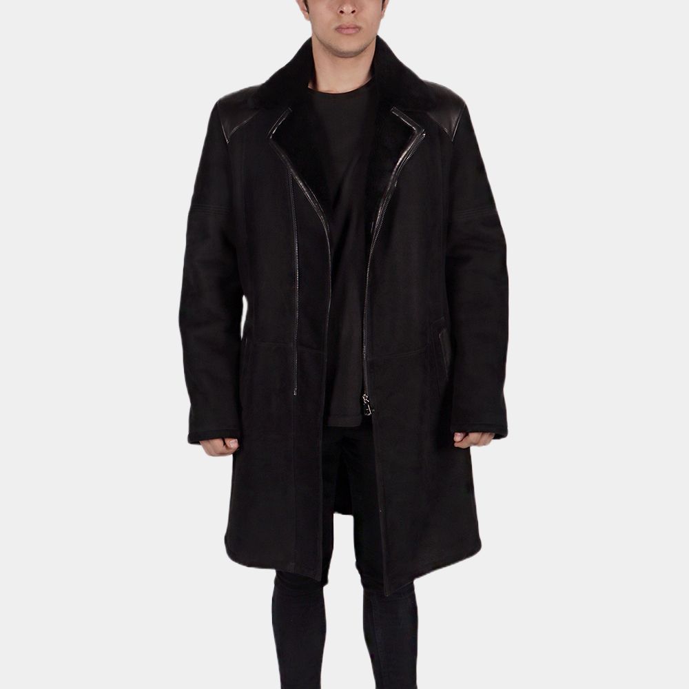 Men's Vikin Black Leather Coat - Front View