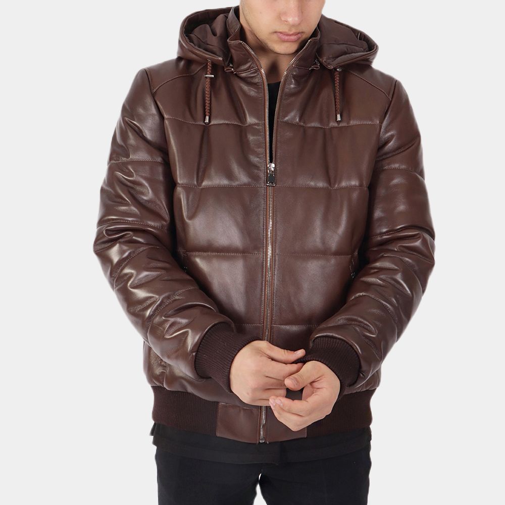 Men's Edwardo Brown Leather Puffer Jacket - Front View