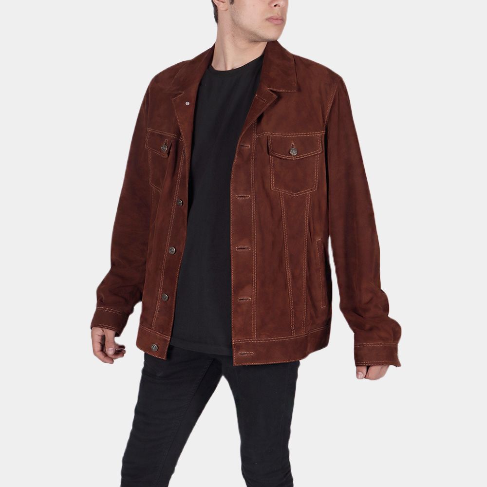 Men's Edwardo Brown Leather Suede Jacket - Front View
