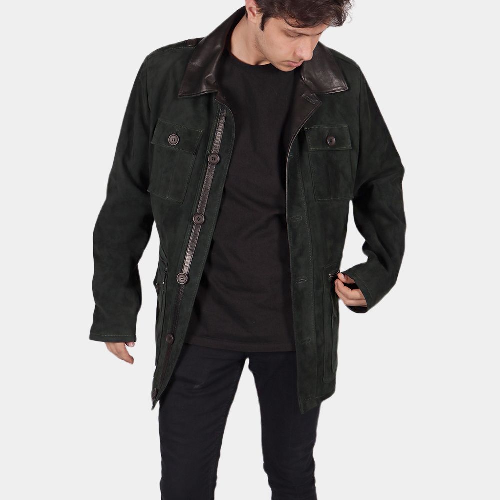 Men's Sabarth Green Suede Leather Jacket - Front View