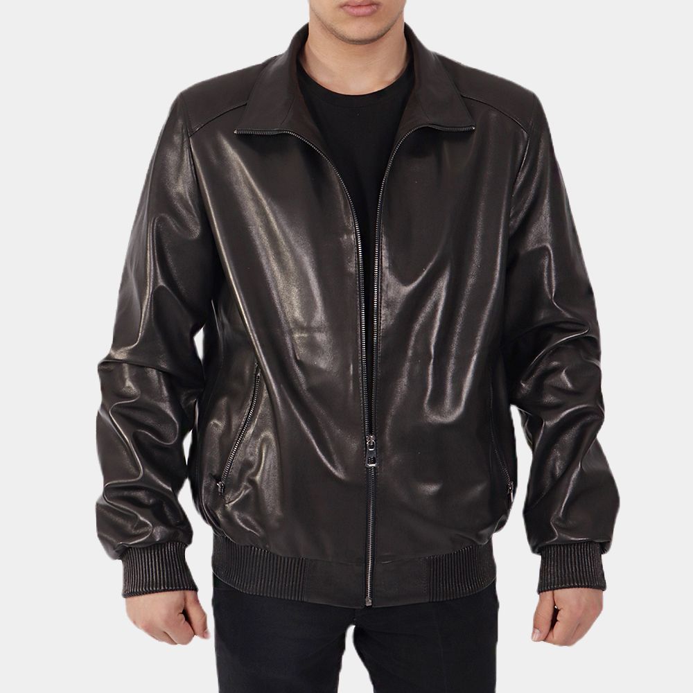 Men's Jayzee Black Bomber Leather Jacket - Front View