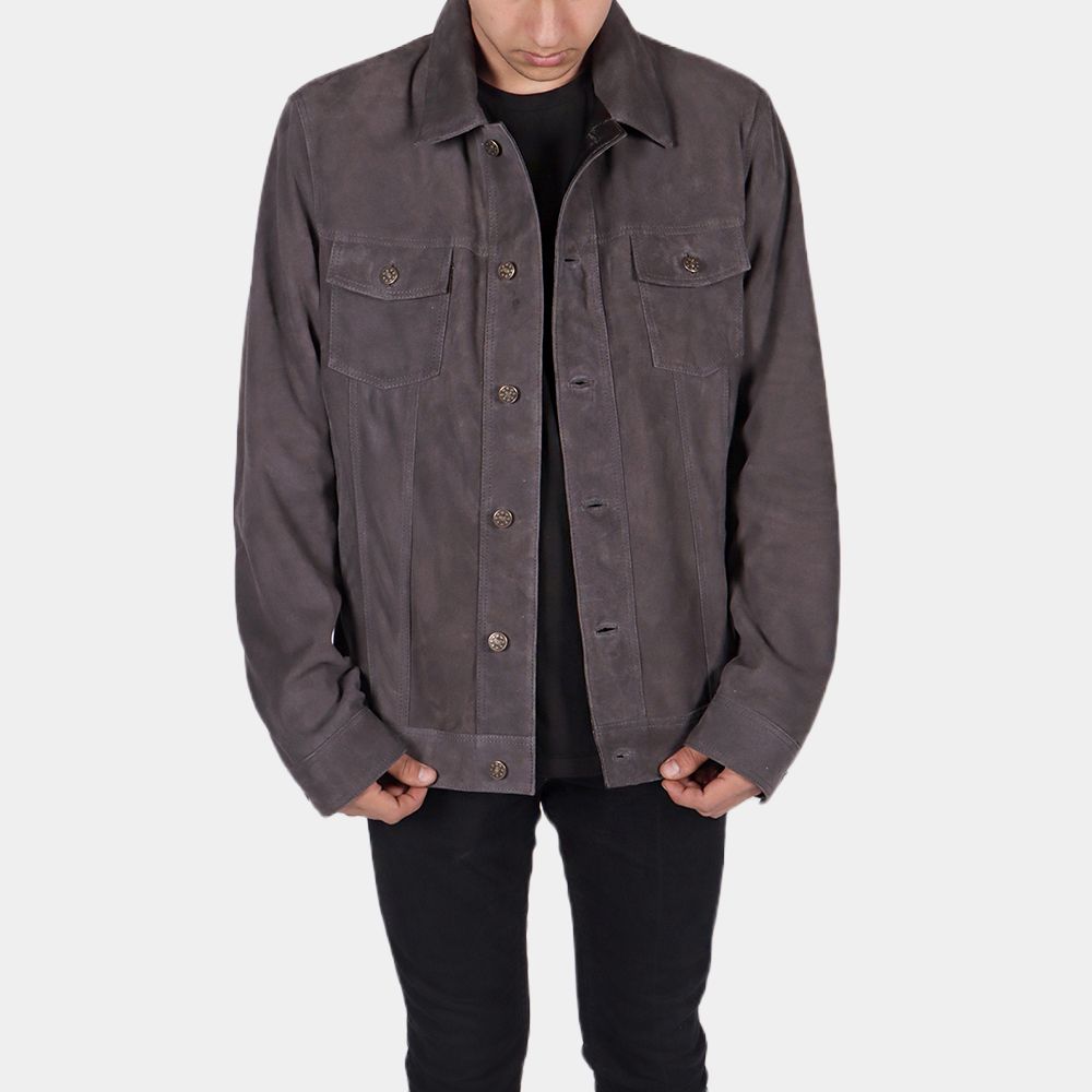 Men's Juda Grey Leather Jacket - Front View