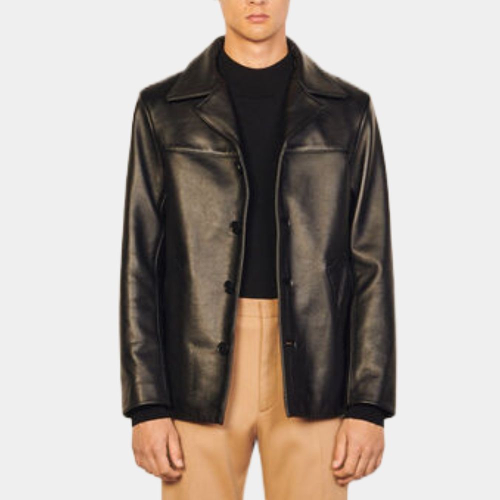Men's Sebastian Black Leather Trench Coat - Front View
