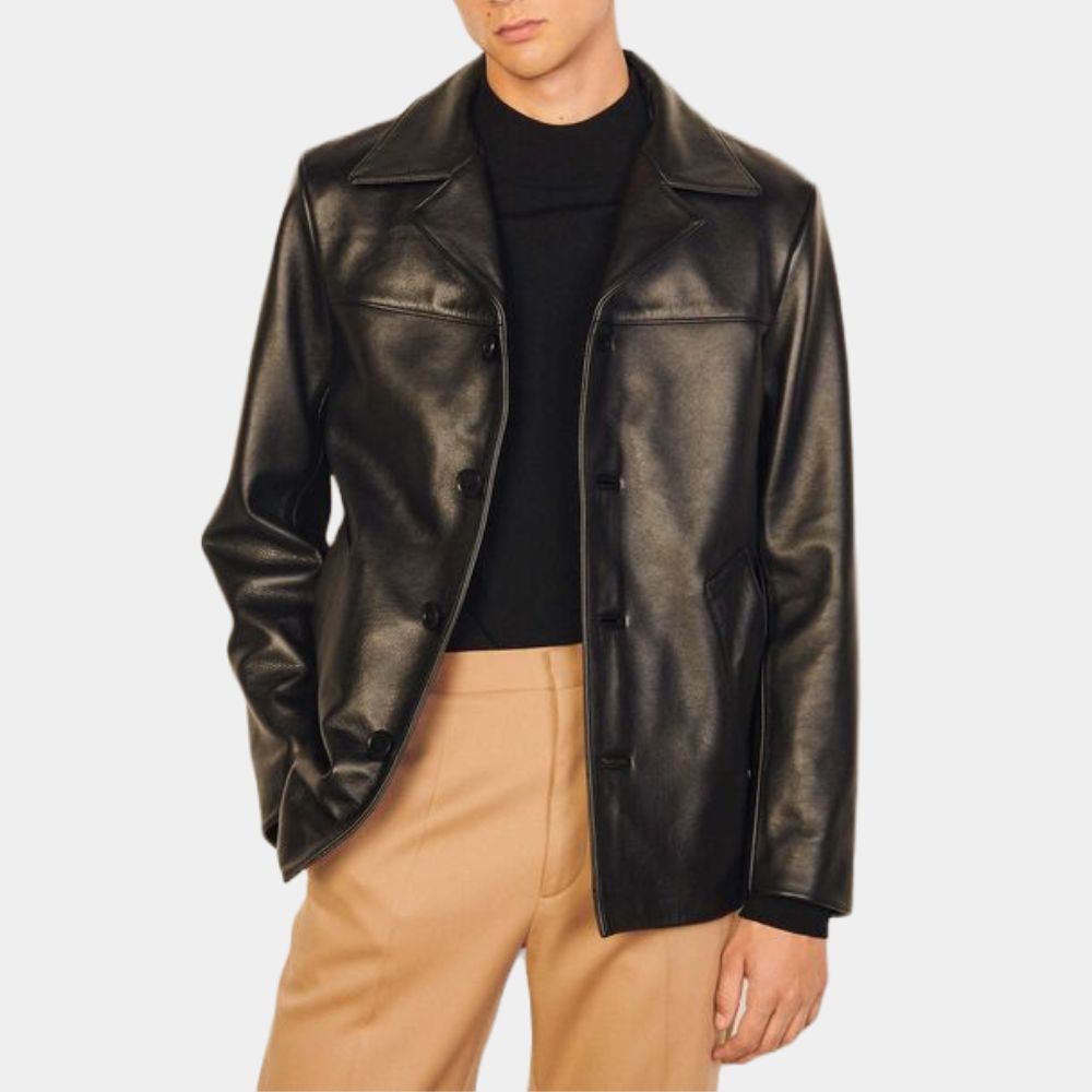 Men's Sebastian Black Spread Collar Leather Jacket - SAFYD