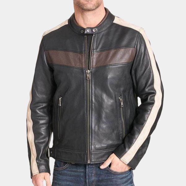 Men's vStripped Leather Cafe Racer Jacket - Front View