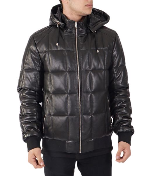 Men's Baxdor Black Leather Hooded Puffer Jacket SAFYD