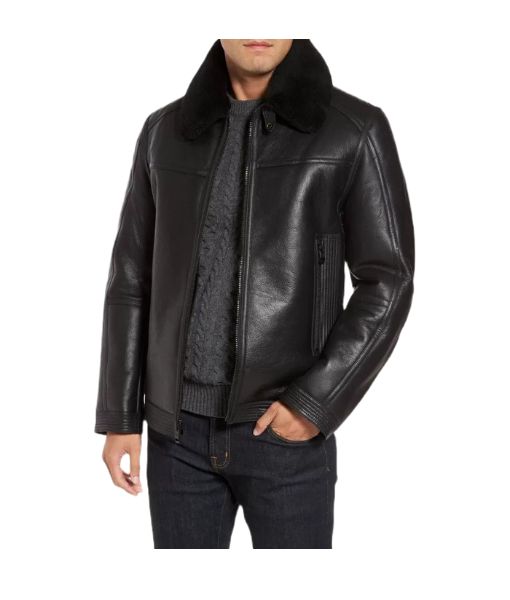 Men's Baxter Shearling Collar G-1 Flight Aviator Black Leather Jacket ...