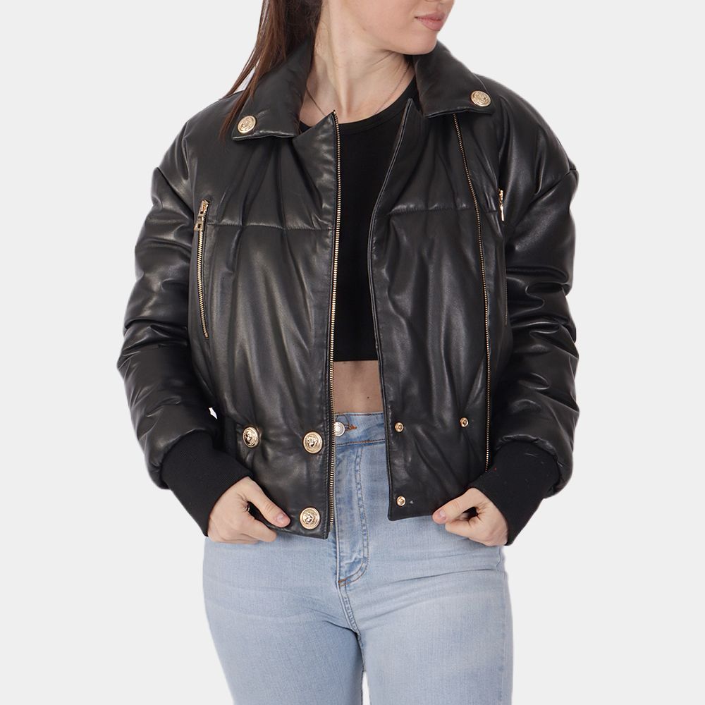 Women's Amal Black Leather Puffer Jacket - Front View