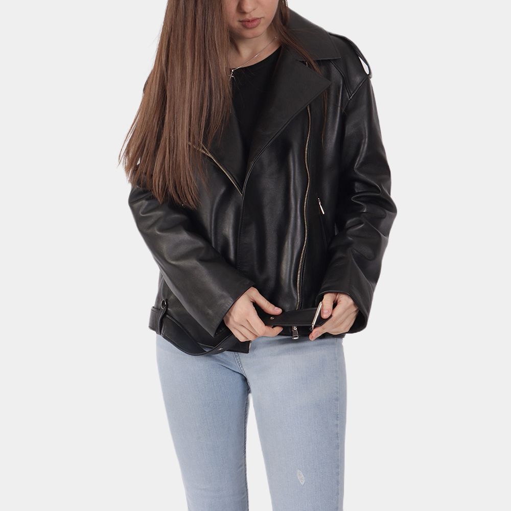 Women's Ariana Black Biker Jacket - Front View