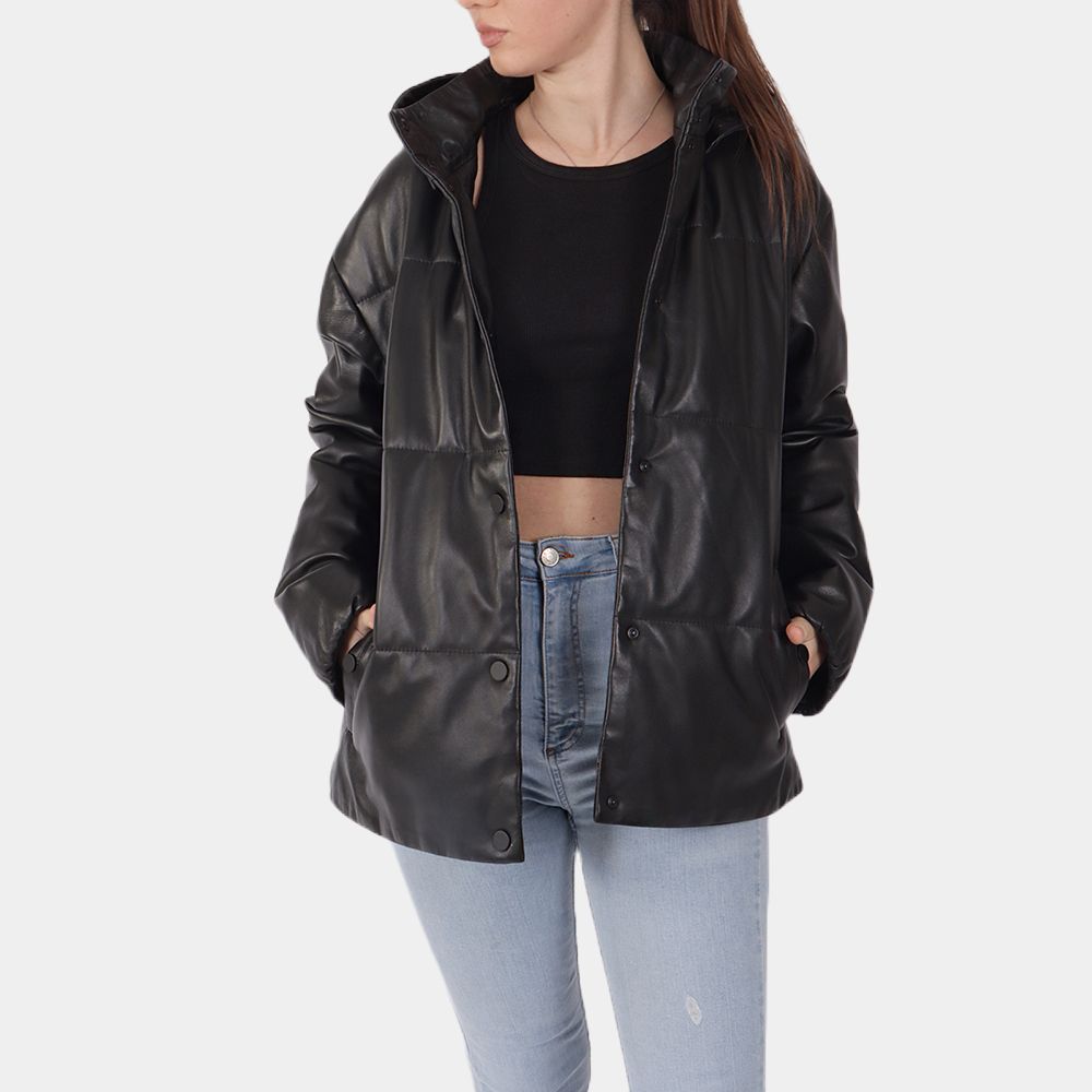 Women's Black Lotus Leather Puffer Jacket - Front View