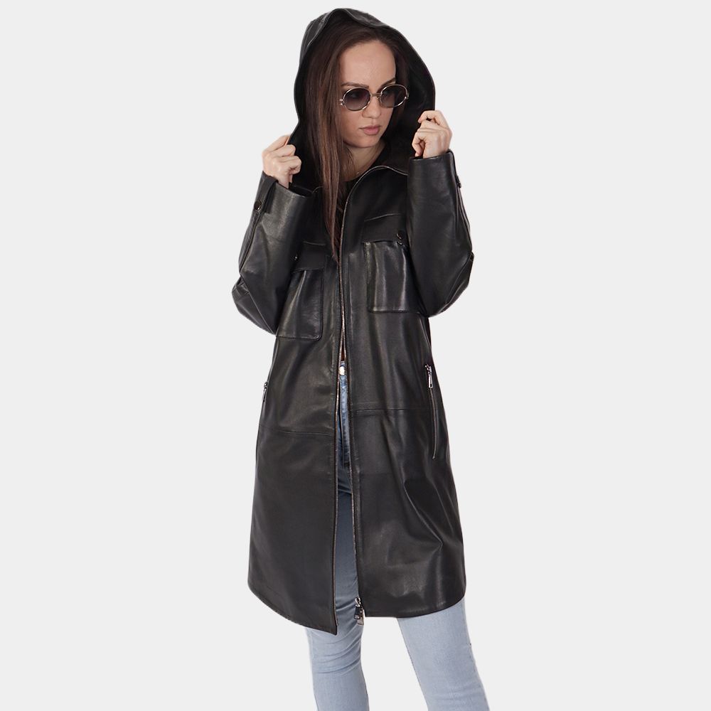 Women's Black Love Leather Hooded Coat - Front View