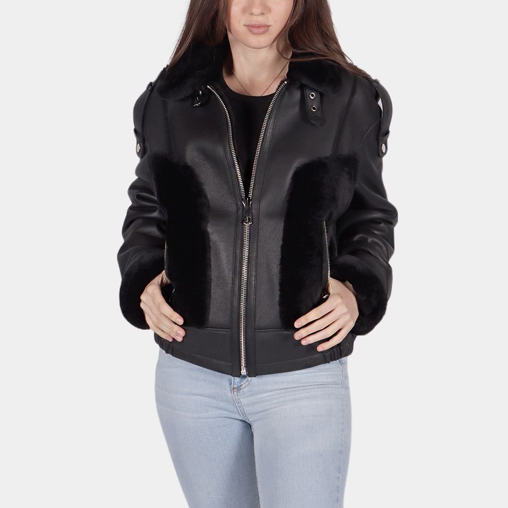 Women's Blake Black Leather Shearling Collar Jacket - Front View