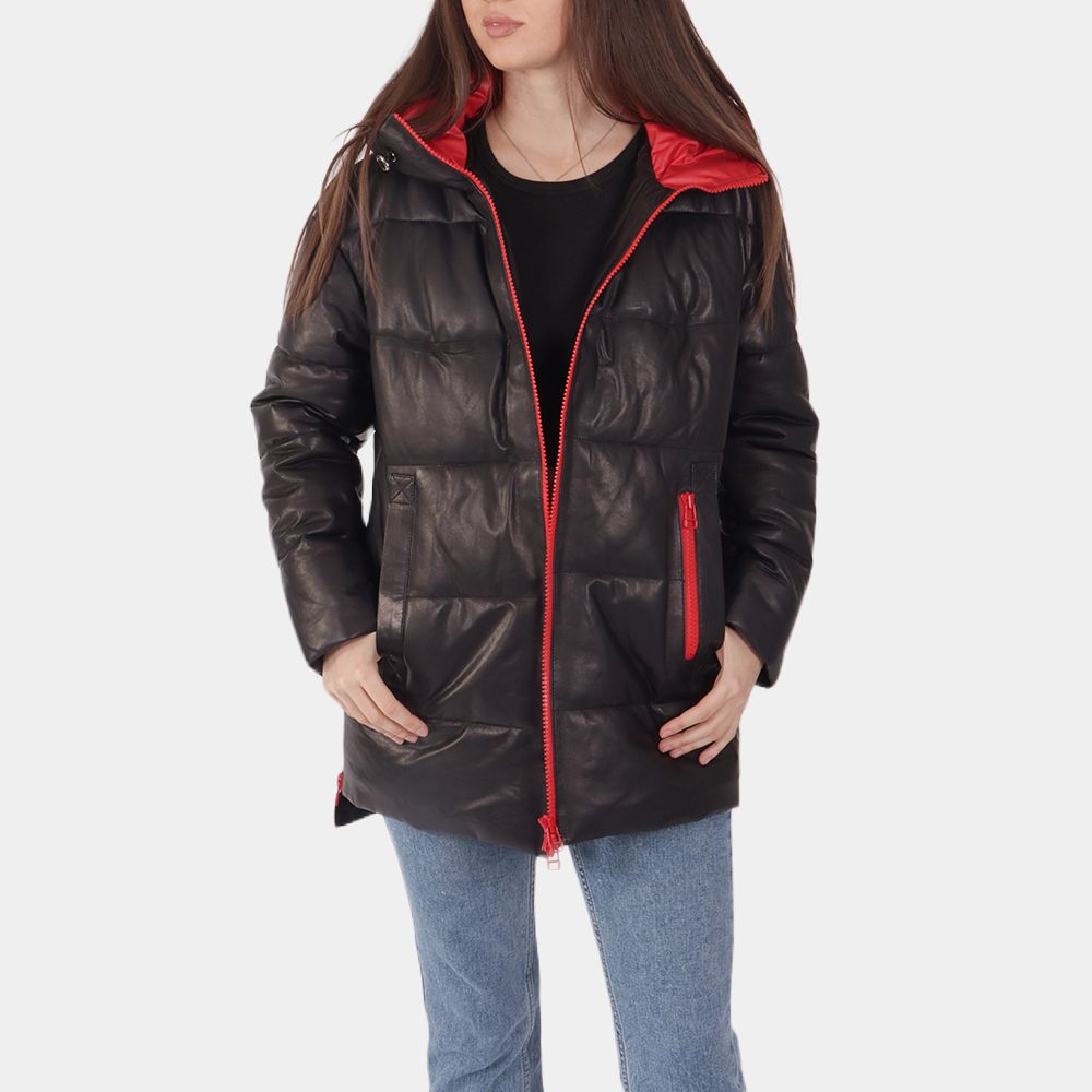 Women's Cosmo Red Leather Puffer Jacket - Front View