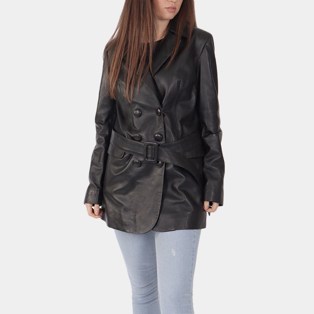 Women's Daisy Black Leather Blazer - Front View