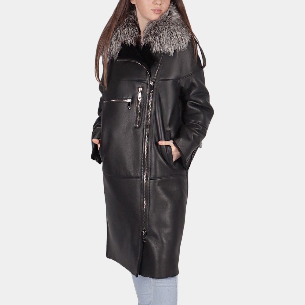 Women's Eloise Black Leather Shearling Coat - Front View