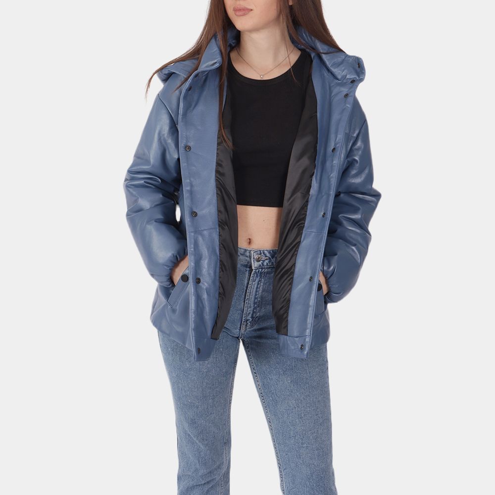 Women's Gilberta Blue Leather Puffer Jacket - Front View