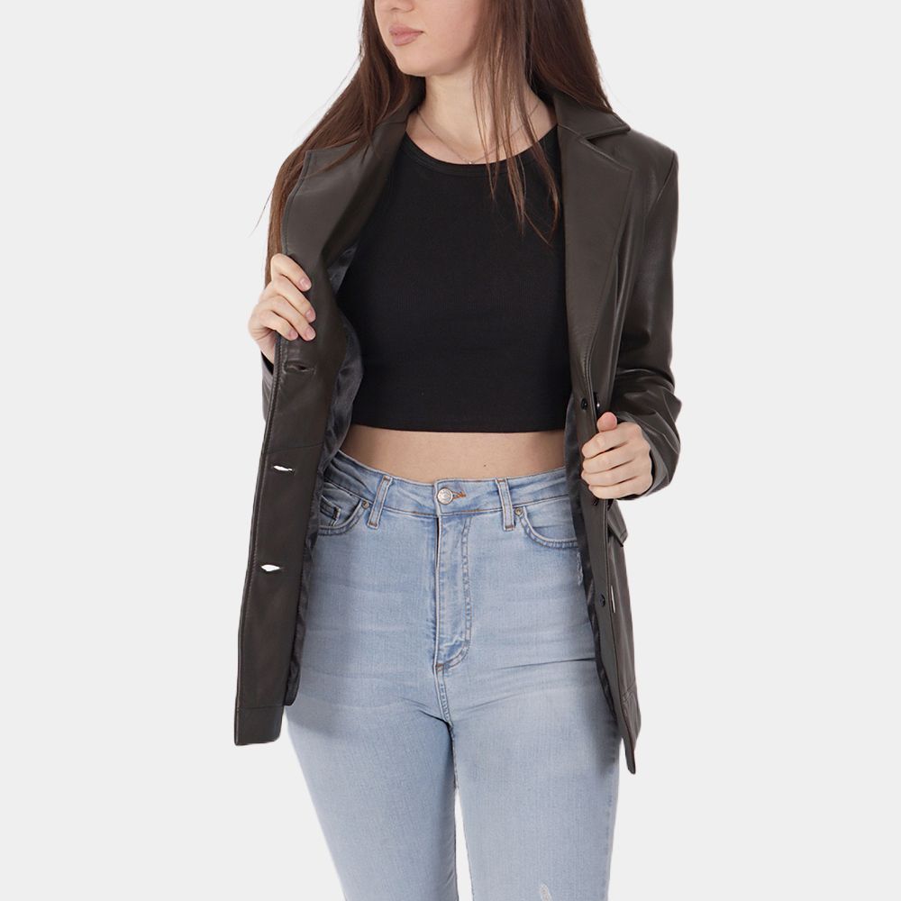 Women's Jenni Brown Leather Blazer - Front View
