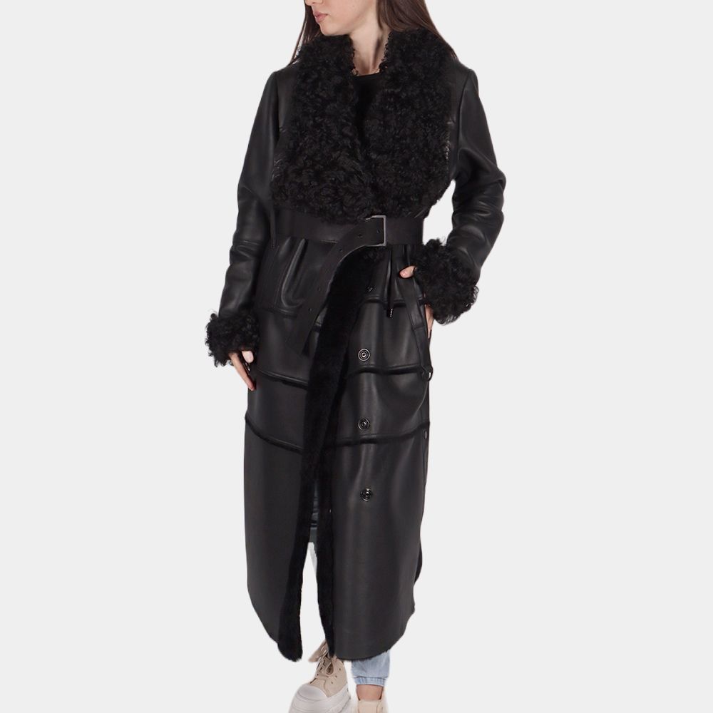 Women's Kiara Black Leather Fur Coat - Front View