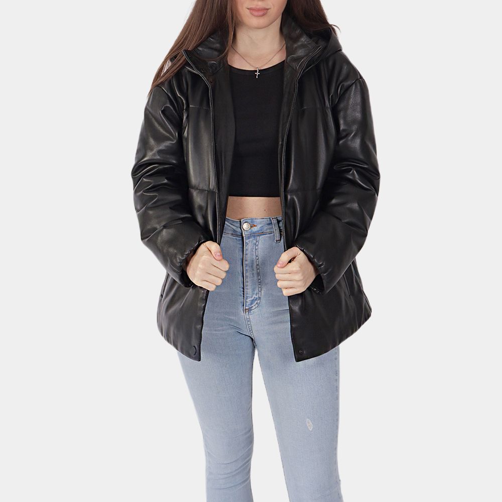 Women's Marisa Black leather Pufffer Jacket - Front View