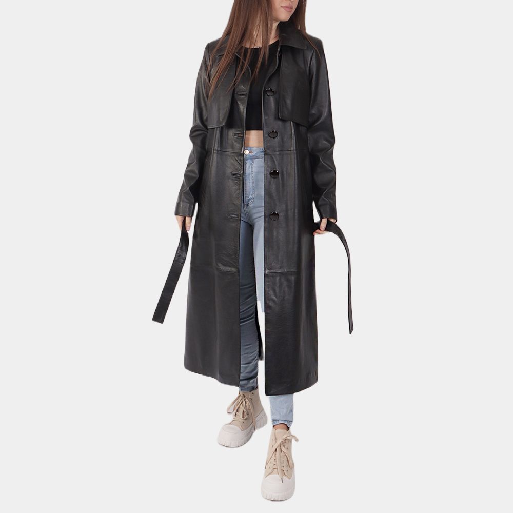 Women's Matilda Black Leather Duster Coat - Front View