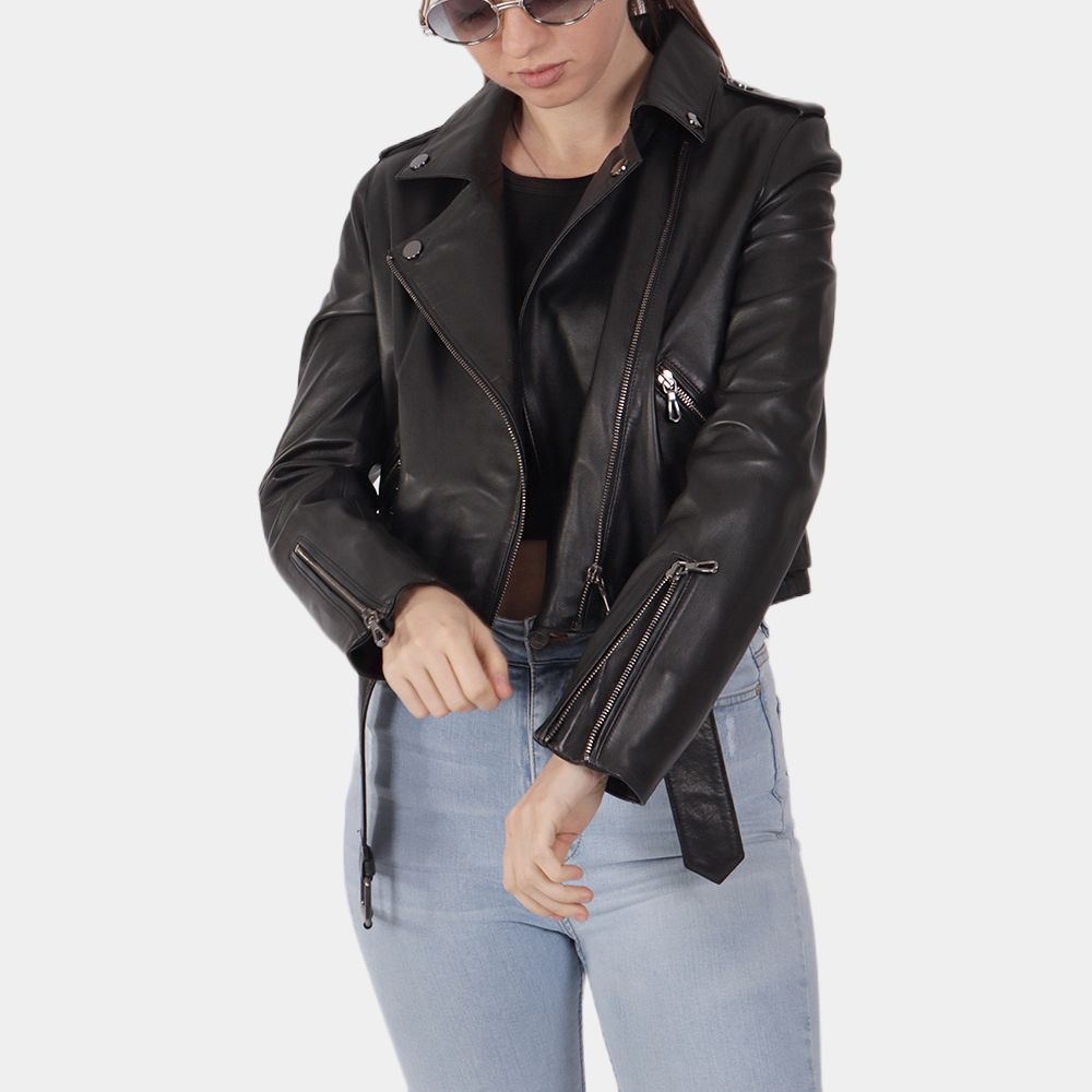 Women's Twiggy Black Leather Biker Jacket - Front View
