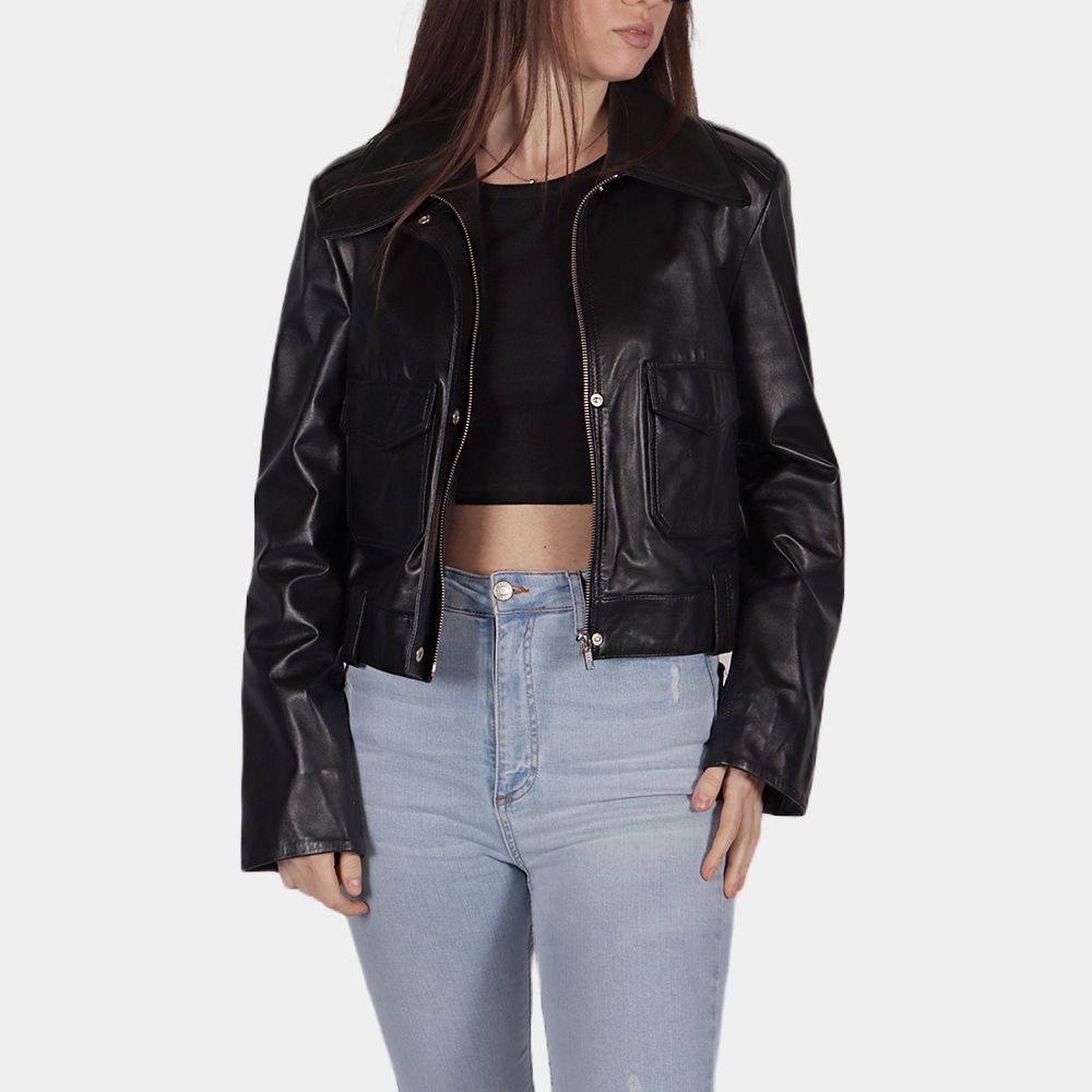 Women's Zemaya Black Leather Jacket - Front View