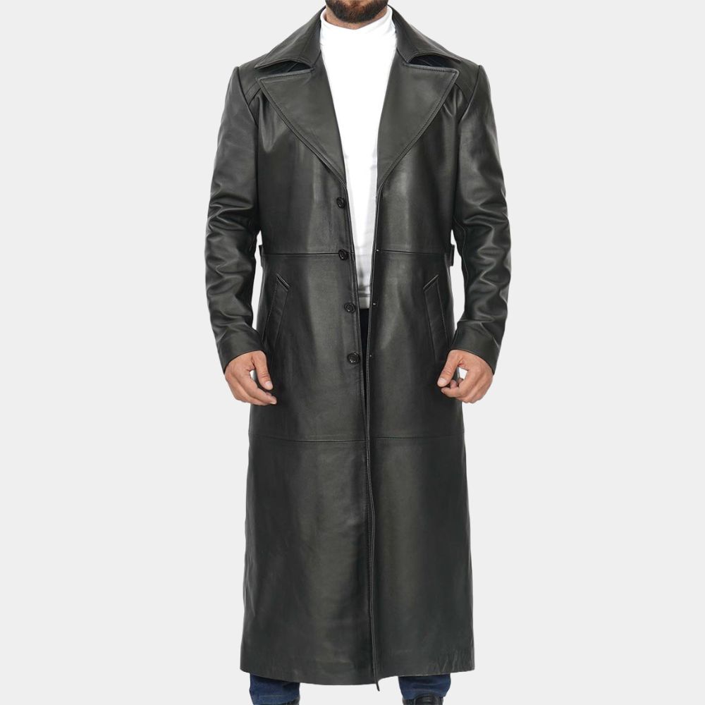 Men's Blade Leather Trench Long Coat - Front View