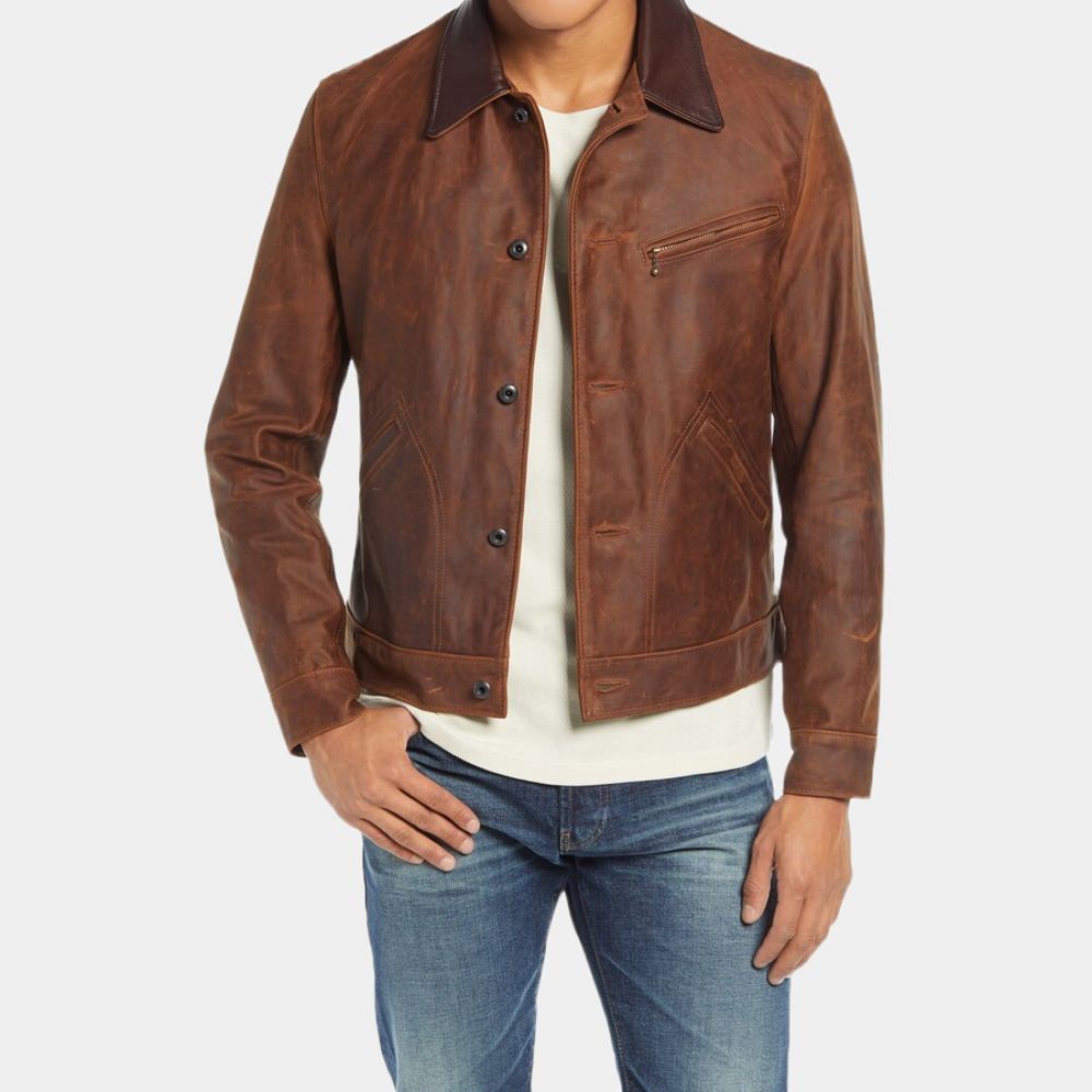 Men's Wilde Ranch Cowboy Western Brown Waxed Leather Jacket - SAFYD