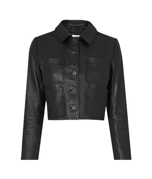 Wednesday Black Cropped Leather Jacket with Spread Collar - SAFYD