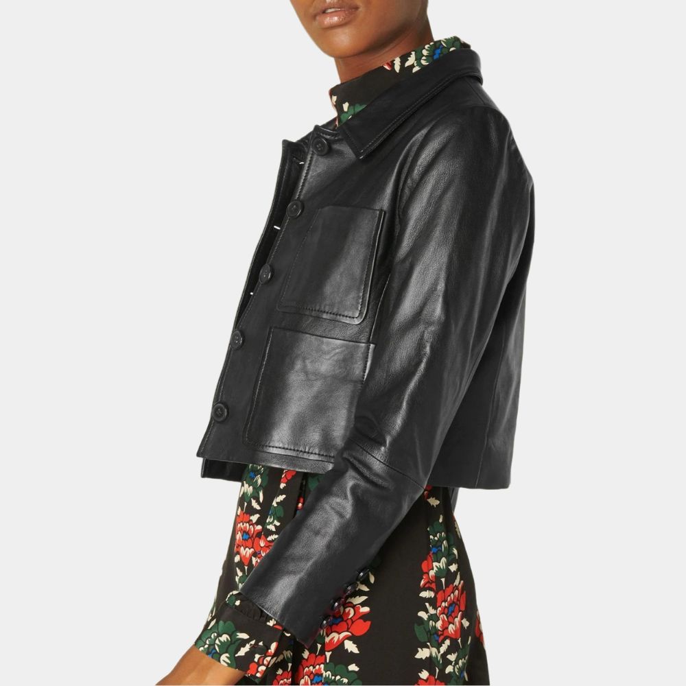Wednesday Black Cropped Leather Jacket with Spread Collar - Side View