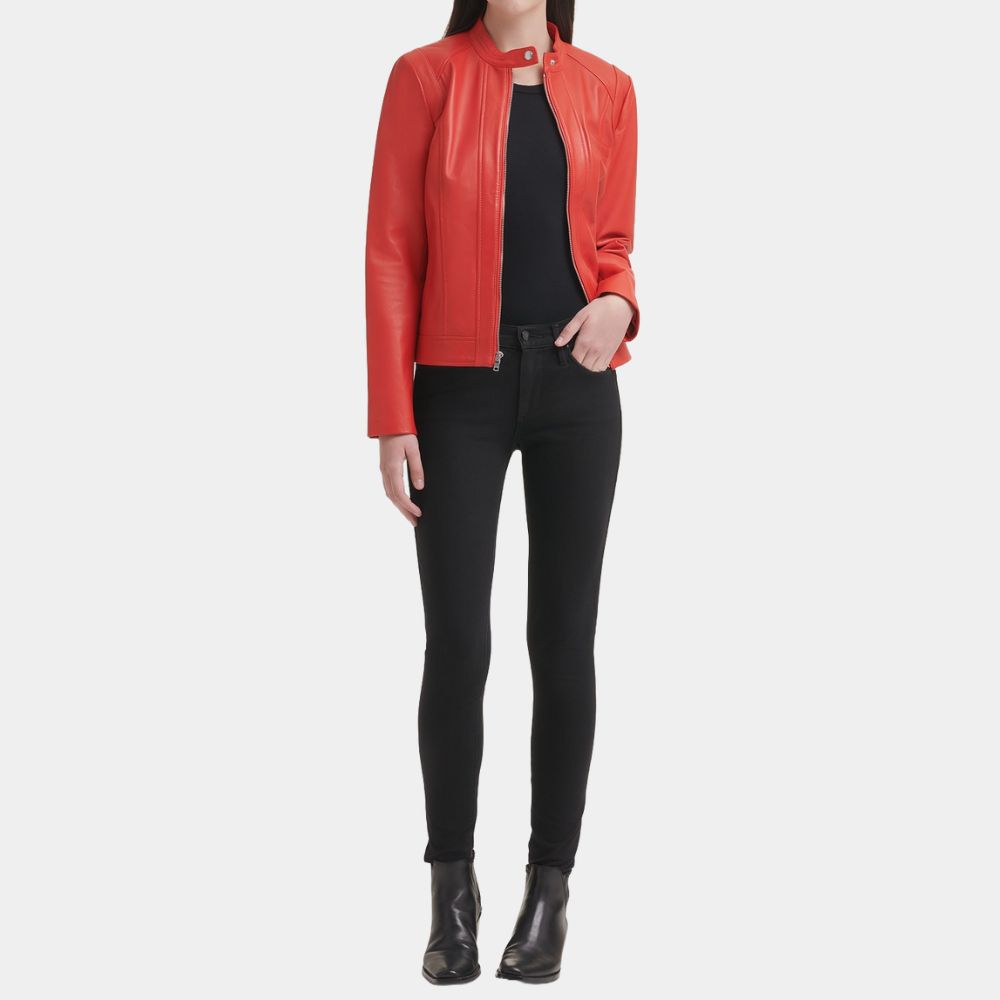 Ladies Classic Leather Biker Jacket Red : Roisin