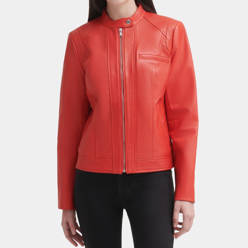 Women's Orana Red Leather Stand Collar Jacket - Front View