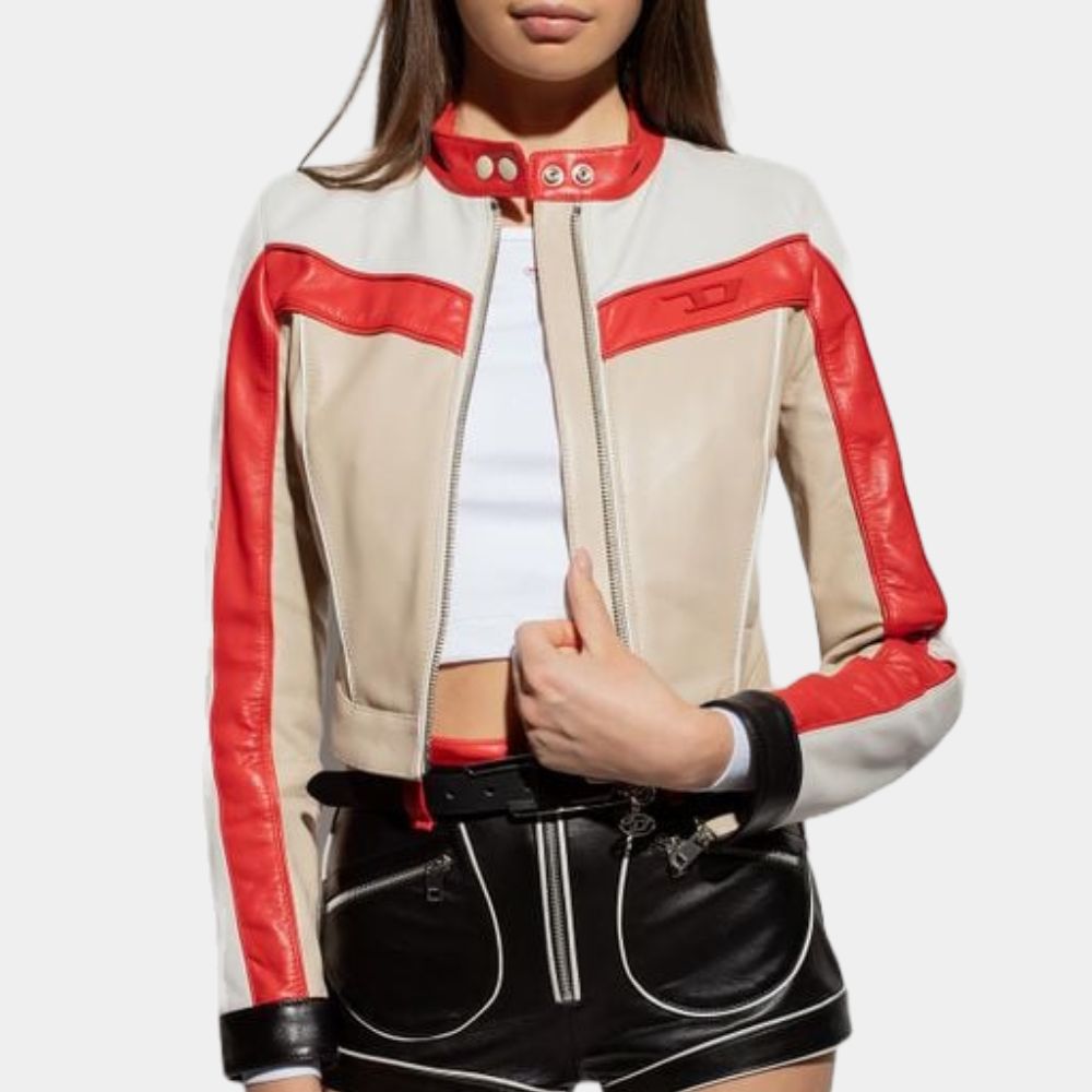 Fast 10 Ramsey Block-Color Cropped Leather Biker Jacket - Front View