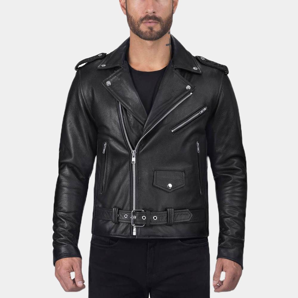 Men’s Brando Classic Motorcycle Vintage Black Leather Jacket - Front View