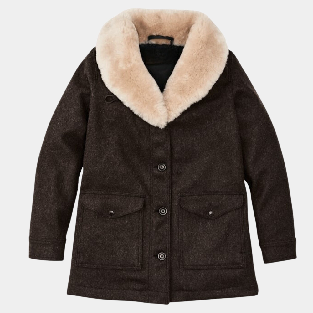 Yellowstone's Beth Dutton Wool Coat with Shearling Collar - Front View