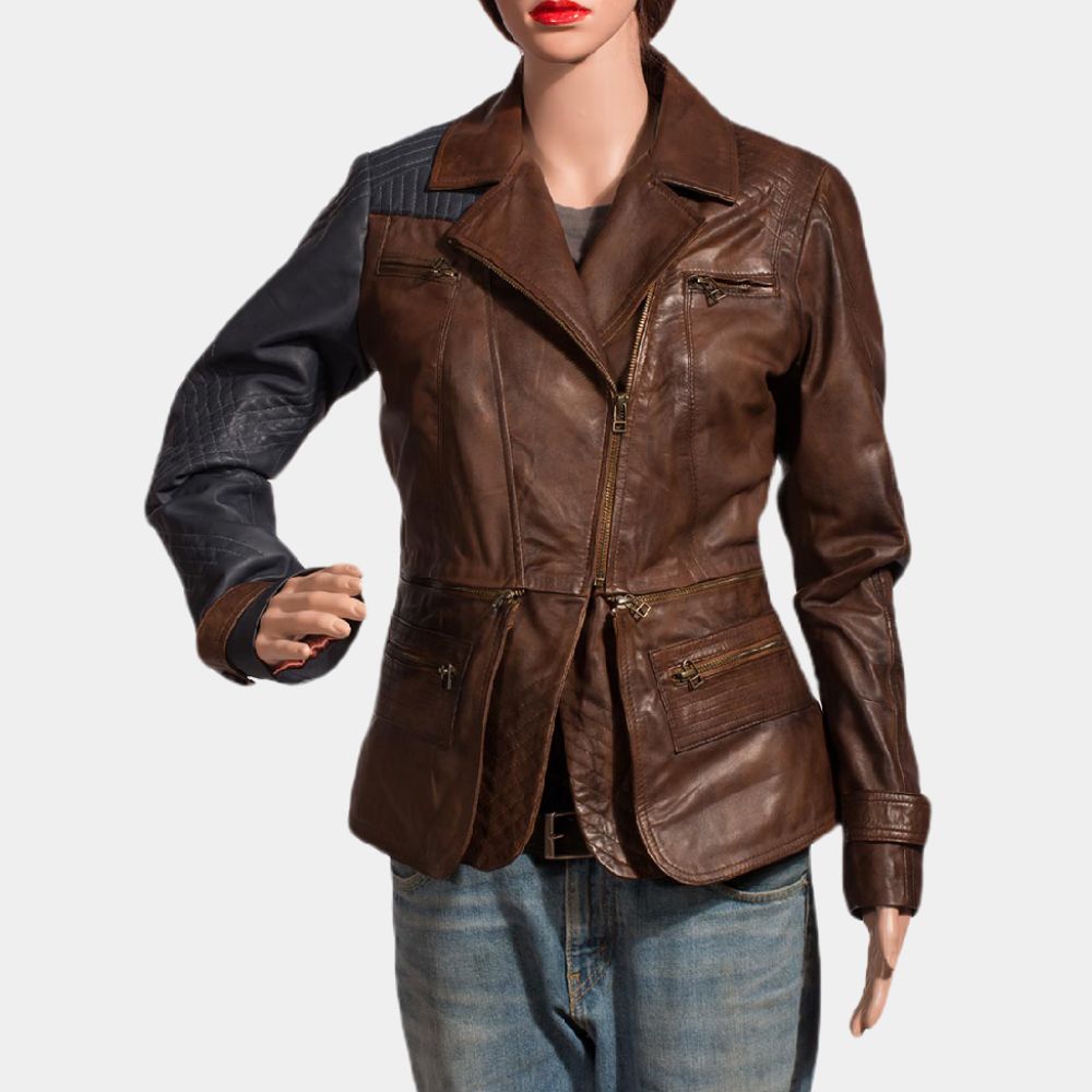 Defiance Julie Benz aka Amanda Rosewater Brown And Blue Leather Jacket - Front View