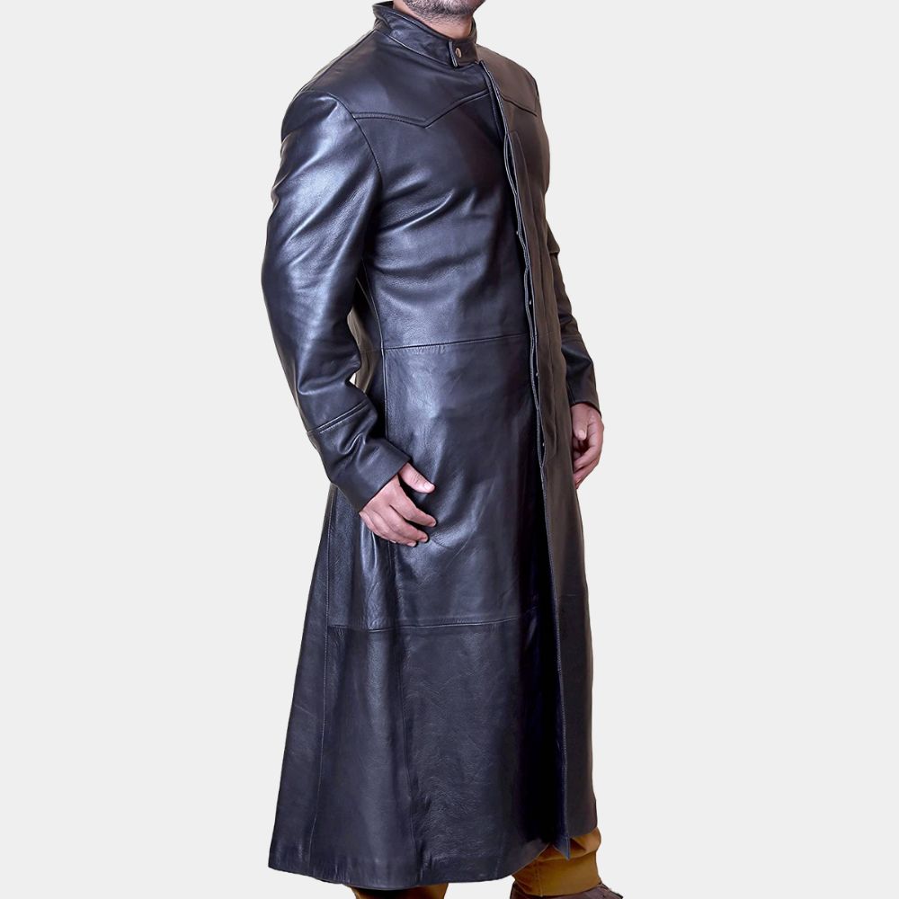Matrix Neo's Black Leather Trench Coat - Keenu Reeves Overcoat - SAFYD