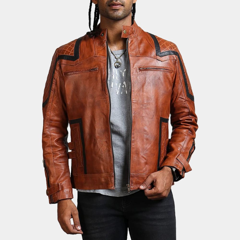 Men's Bellagio Vintage Tan Brown Leather Biker Jacket - Front View