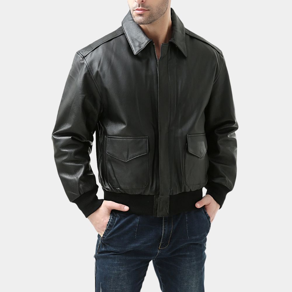 Men's Black A-2 Leather Bomber Jacket - Front View