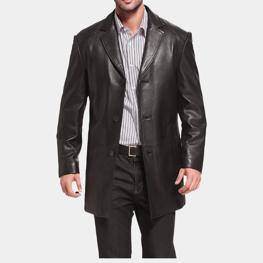 Men's Brosnan Black Leather Car Coat with 3 Buttons - SAFYD