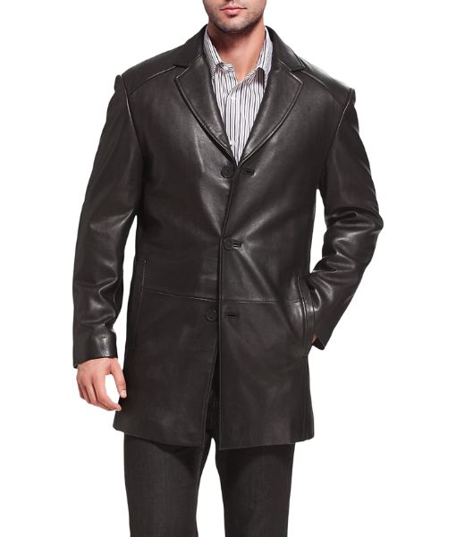 Men's Brosnan Black Leather Car Coat with 3 Buttons - SAFYD