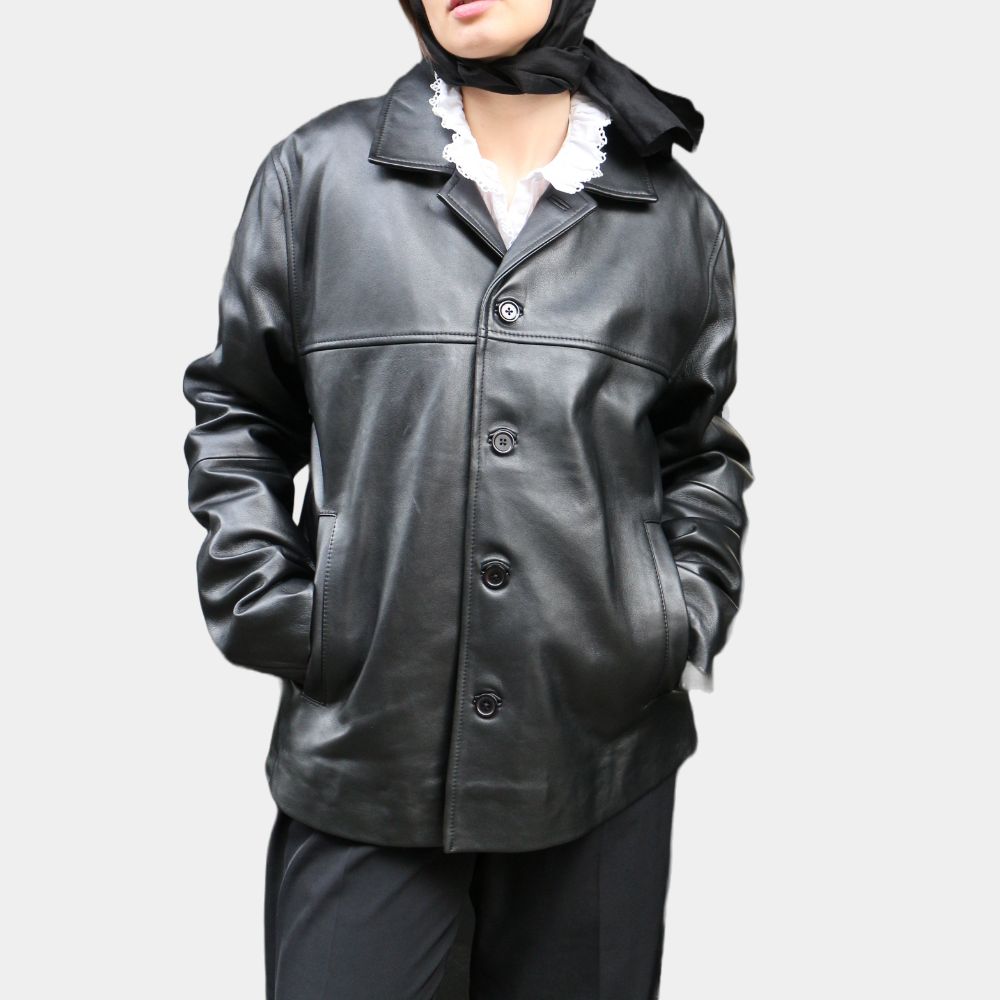 Women's Joana Black Oversized Leather Car Coat - Front View