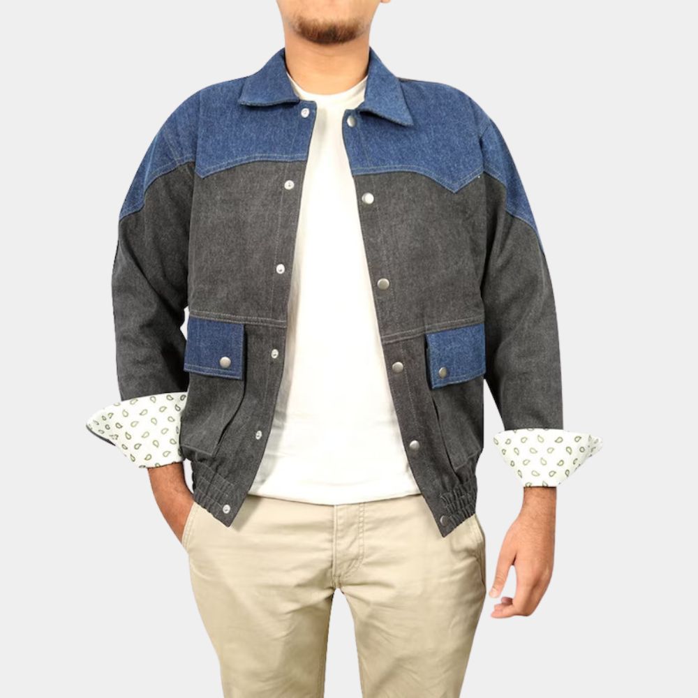 Back to the Future Marty Mcfly Grey and Blue Denim Jacket - Front View