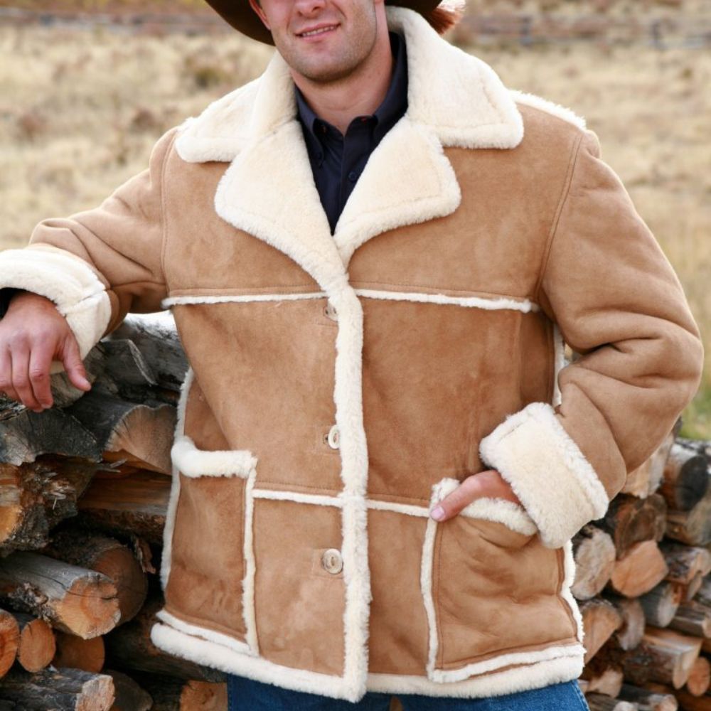 Marlboro Man Tan Brown Faux Shearling Leather Jacket - Front View